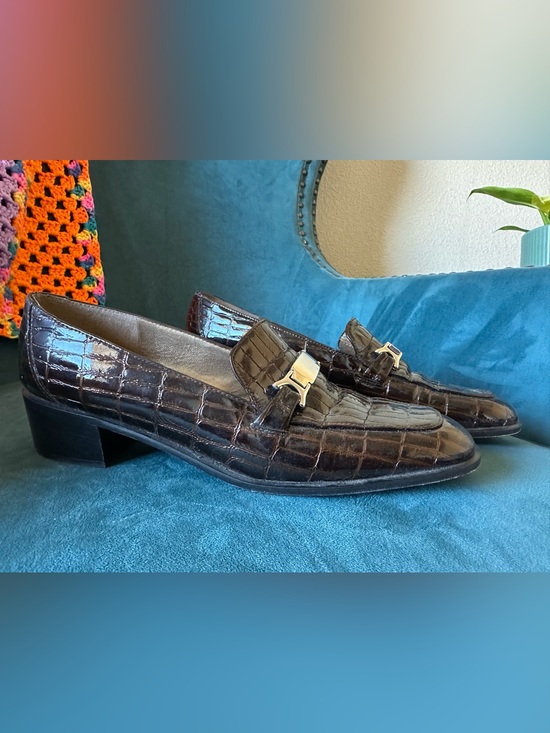 Stuart Weitzman Shoes - Stuart Weitzman Brown Croc Embossed Horsebit Loafer Heels 9.5 AA
